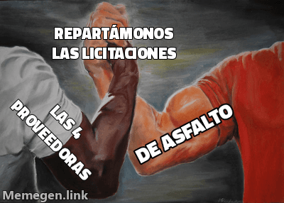 Meme del apretón de manos épico: un brazo rotulado 'Las 4 proveedoras', el otro 'de asfalto', y arriba el acuerdo compartido 'Repartámonos las licitaciones'.