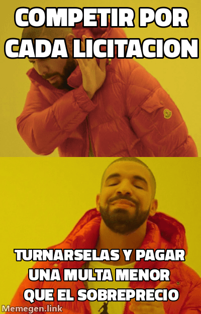 Meme 'Drake' (rechaza arriba, prefiere abajo): arriba, rechazando, 'Competir por cada licitacion'; abajo, prefiriendo, 'Turnarselas y pagar una multa menor que el sobreprecio'.