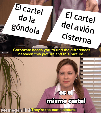 Meme de equivalencia: dos buses idénticos rotulados 'El cartel de la góndola' y 'El cartel del avión cisterna', con el texto 'es el mismo cartel'.