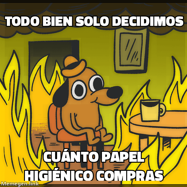 Meme This Is Fine: 'Todo bien, solo decidimos' / 'cuánto papel higiénico compras'