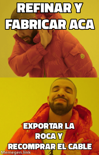 Meme estilo Drake: rechaza refinar y fabricar el cobre en Chile, y aprueba exportar la roca sin procesar para después recomprar el cable más caro.