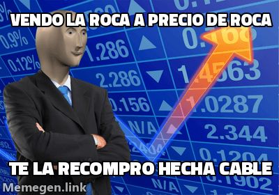 Meme Stonks: un personaje celebra como ganancia vender la roca de cobre barata y recomprarla convertida en cable mucho más cara.