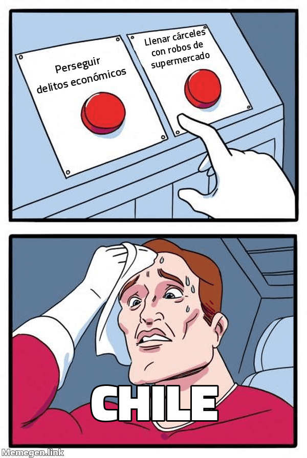 Meme Daily Struggle: botón izq 'Perseguir delitos económicos', botón der 'Llenar cárceles con robos de supermercado', Chile sudando abajo