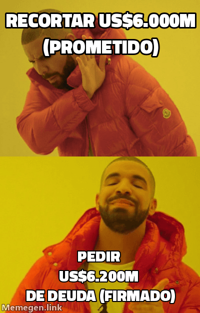 Meme plantilla Drake. Arriba, rechaza 'Recortar US$6.000M (prometido)'. Abajo, aprueba 'Pedir US$6.200M de deuda (firmado)'.