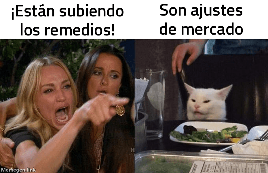 Meme Woman Yelling at Cat: '¡Están subiendo los remedios!' / 'Son ajustes de mercado'