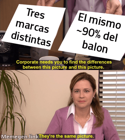 Meme plantilla 'son la misma foto': arriba 'Tres marcas distintas', abajo 'El mismo ~90% del balón', sugiriendo que las tres empresas equivalen a un solo bloque.