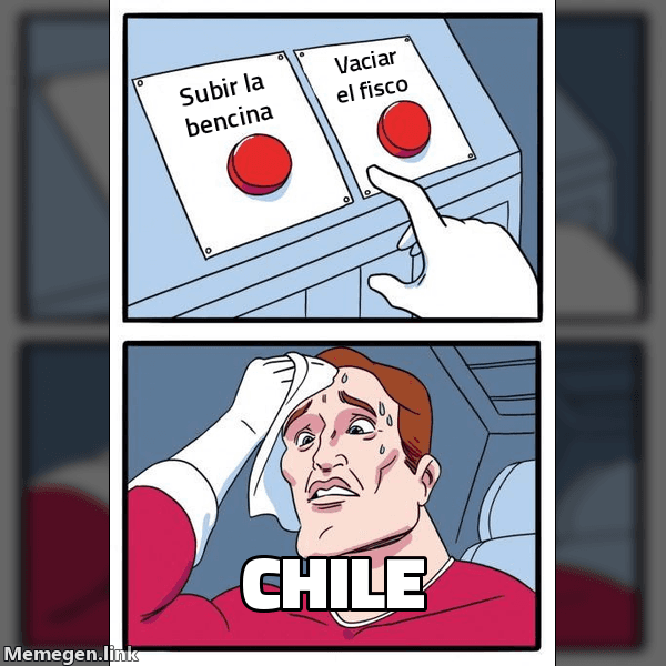 Meme Daily Struggle: botón izq 'Subir la bencina', botón der 'Vaciar el fisco', Chile sudando abajo