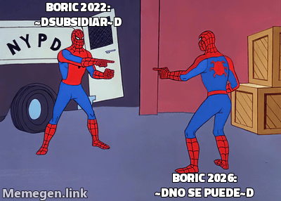 Meme Spider-Man Pointing: 'Boric 2022: «subsidiar»' / 'Boric 2026: «no se puede»'