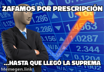 Meme 'Stonks': el muñeco trajeado frente a una flecha financiera, celebrando que zafaron por prescripción justo antes de que llegara la Corte Suprema.