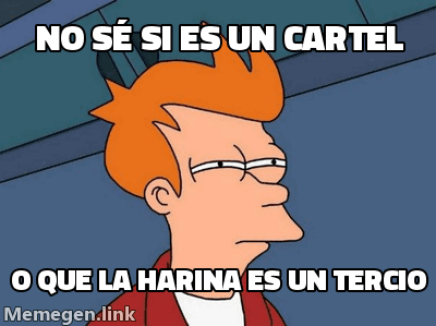 Plantilla Fry de Futurama entrecerrando los ojos con desconfianza, dudando entre si hay un cartel o si la harina es solo un tercio del precio.