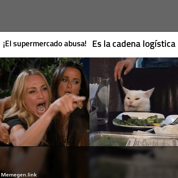 Meme Woman Yelling at Cat: '¡El supermercado abusa!' / 'Es la cadena logística'