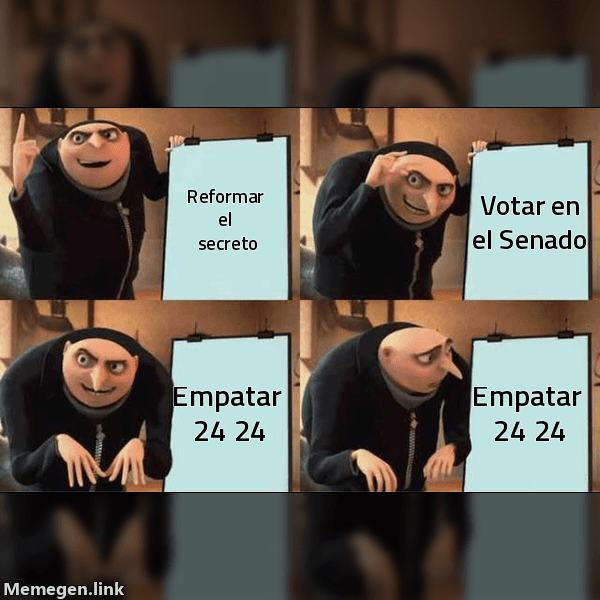 Meme Gru's Plan: 'Reformar el secreto' → 'Votar en el Senado' → 'Empatar 24-24' → 'Empatar 24-24'