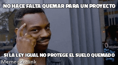 Plantilla 'tipo listo' tocándose la sien: texto que dice que no hace falta quemar para instalar un proyecto si de todos modos la ley no protege el suelo quemado.