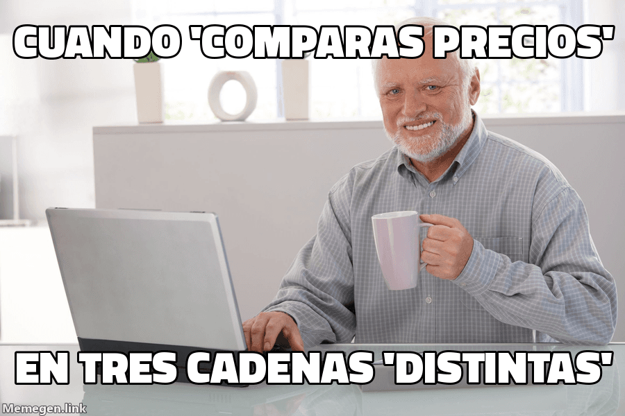 Meme Hide the Pain Harold: 'Cuando comparas precios' / 'en tres cadenas distintas' — sonríe forzado