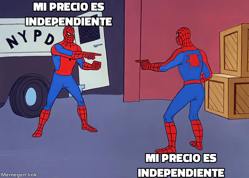 Meme Spider-Man Pointing: ambos dicen 'Mi precio es independiente' mientras se apuntan — precios idénticos
