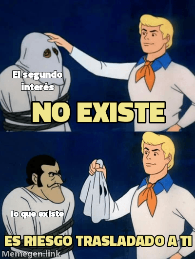 Meme de revelación en cuatro paneles: 'El segundo interés' / 'no existe' / 'lo que existe' / 'es riesgo trasladado a ti', desenmascarando que la verdadera carga de la UF es el riesgo de inflación, no un cobro doble.